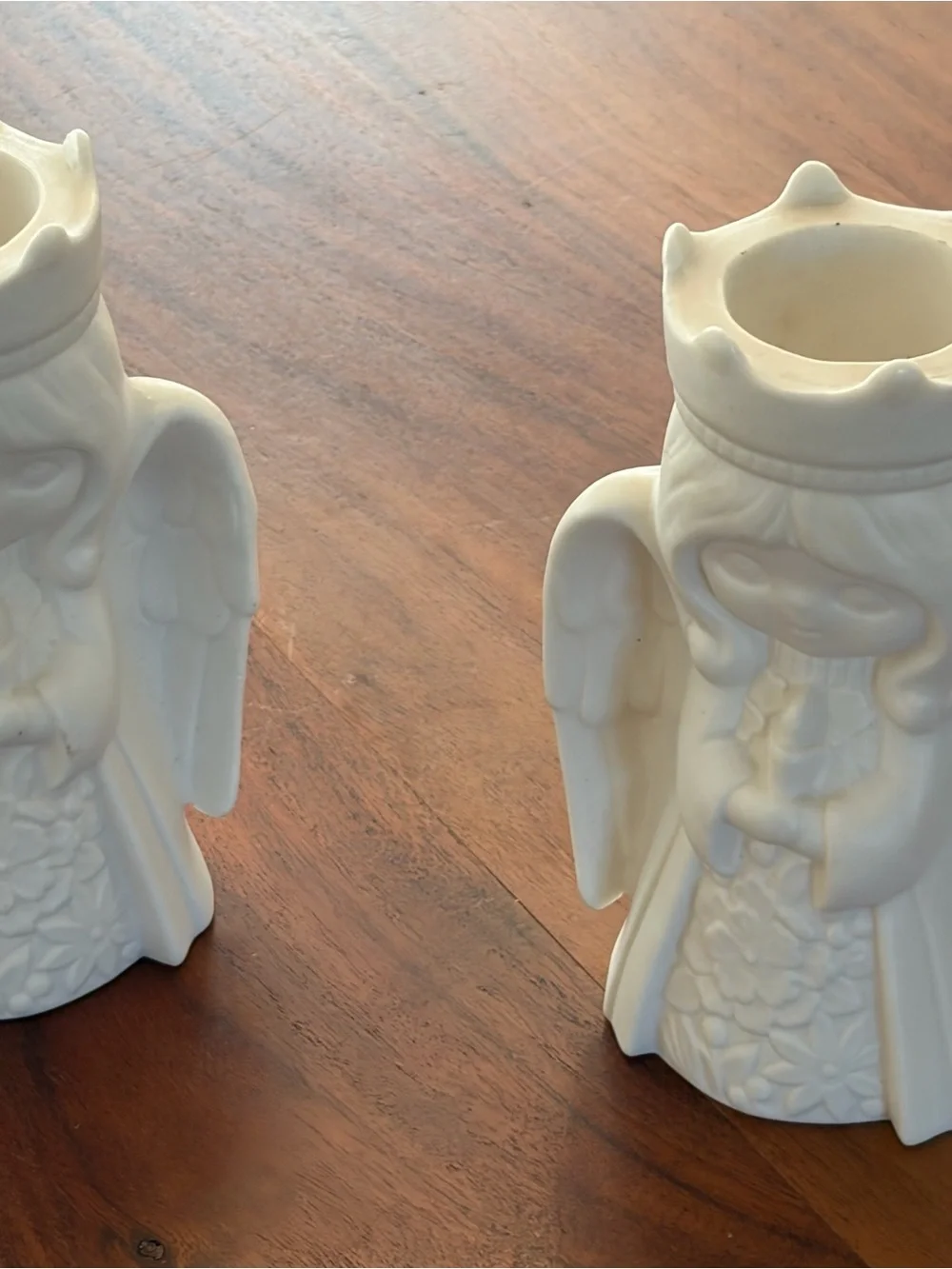 Stunning pair of White Ceramic Angel Candle Holders — carved